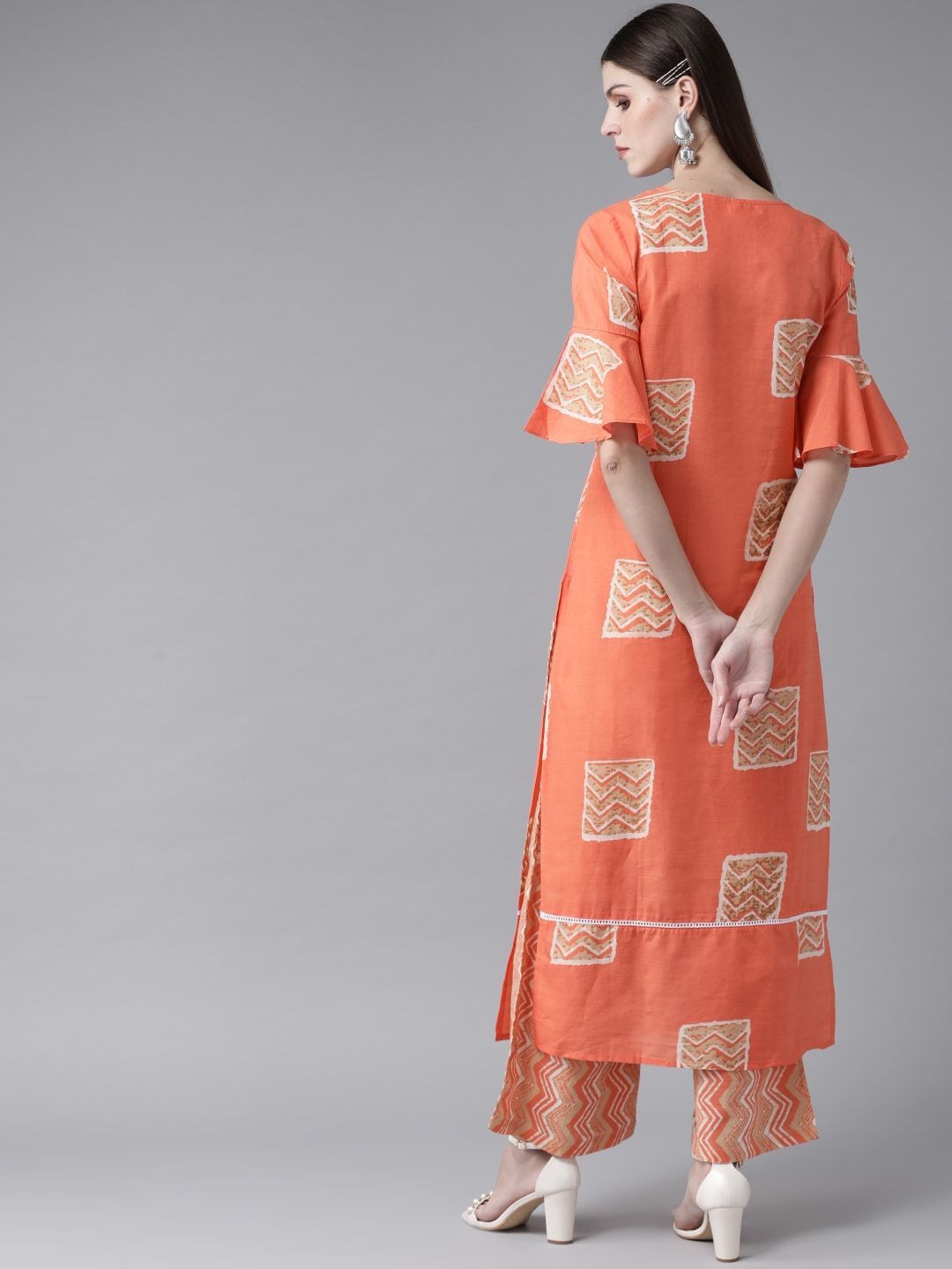 Women's  Orange & Beige Printed Kurta with Palazzos - AKS