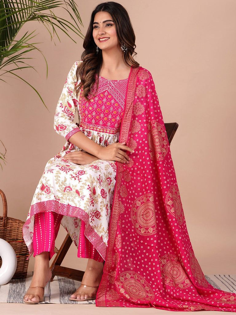 Women's Floral Printed Empire Thread Work Kurta With Palazzos & Dupatta