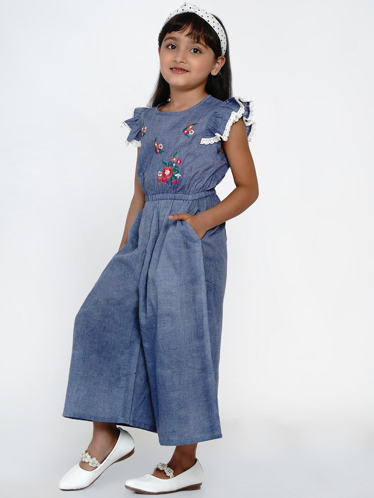 Girl's Blue & White Solid Basic Jumpsuit