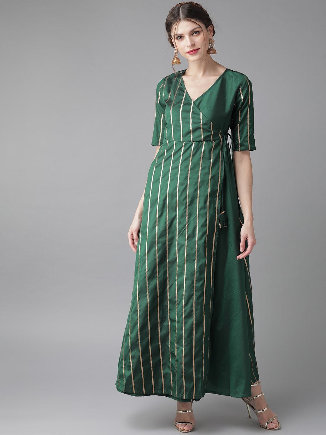 Women's  Green & Golden Striped Wrap Maxi Dress - AKS