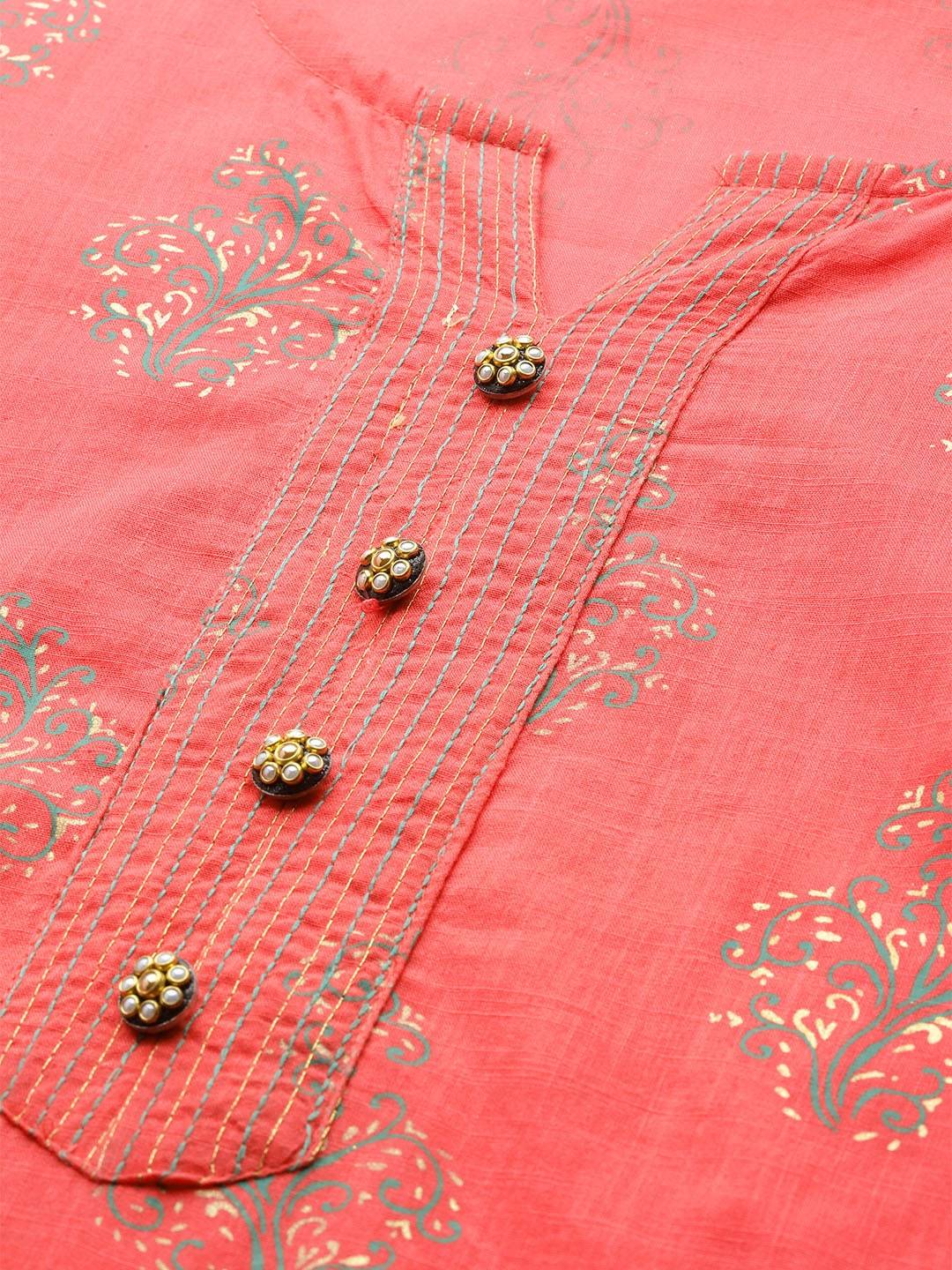 Women's Coral Pink & Green Printed Straight Kurta - Meeranshi