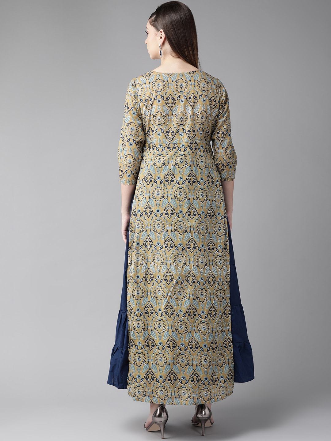 Women's  Navy Blue & Beige Printed Layered Maxi Dress - AKS