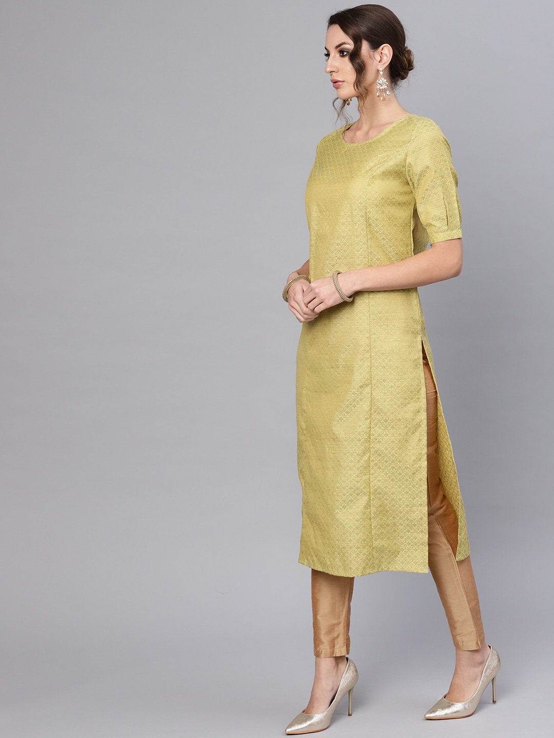 Women's  Green & Golden Woven Design Straight Kurta - AKS