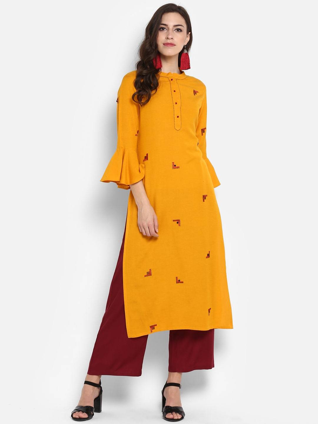 Women's Mustard Yellow Embroidered Straight Kurta - Meeranshi