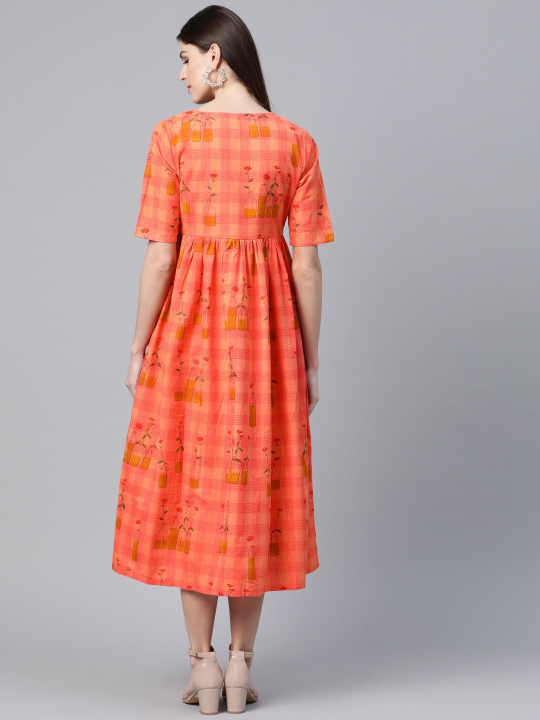 Women's  Peach-Coloured Checked with Conversational Printed A-Line Dress - AKS
