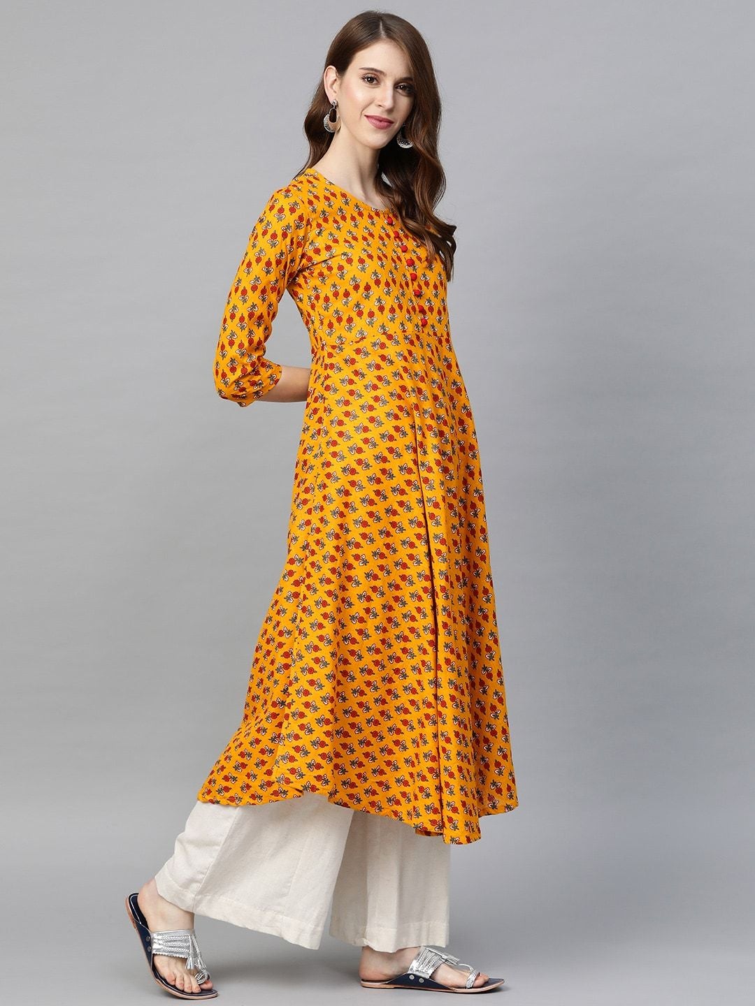 Women's Mustard Yellow & Maroon Printed Anarkali Kurta - Meeranshi