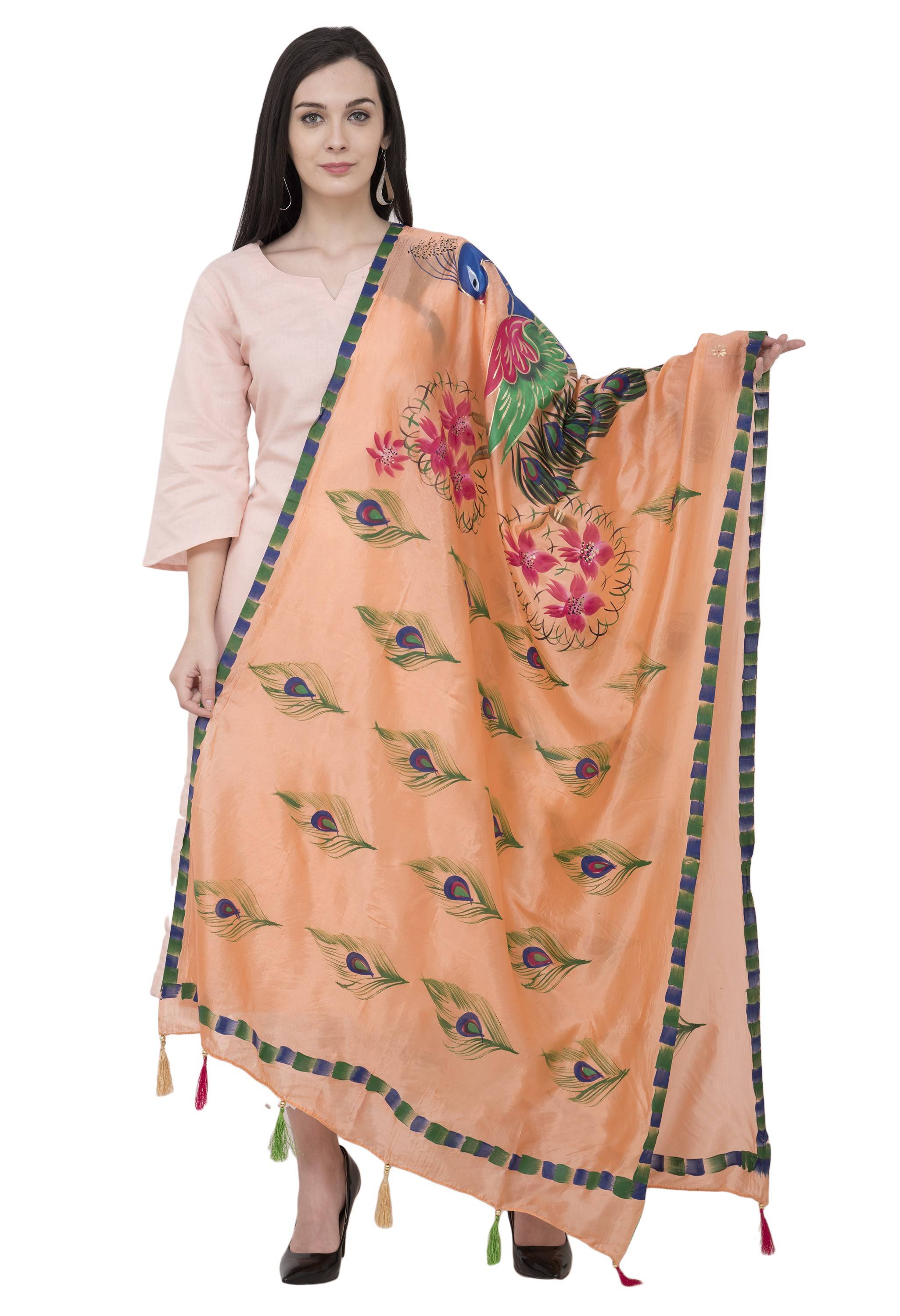 A R Silk Silk Peacock Multi Fancy Dupatta Color PEACH Dupatta or Chunni