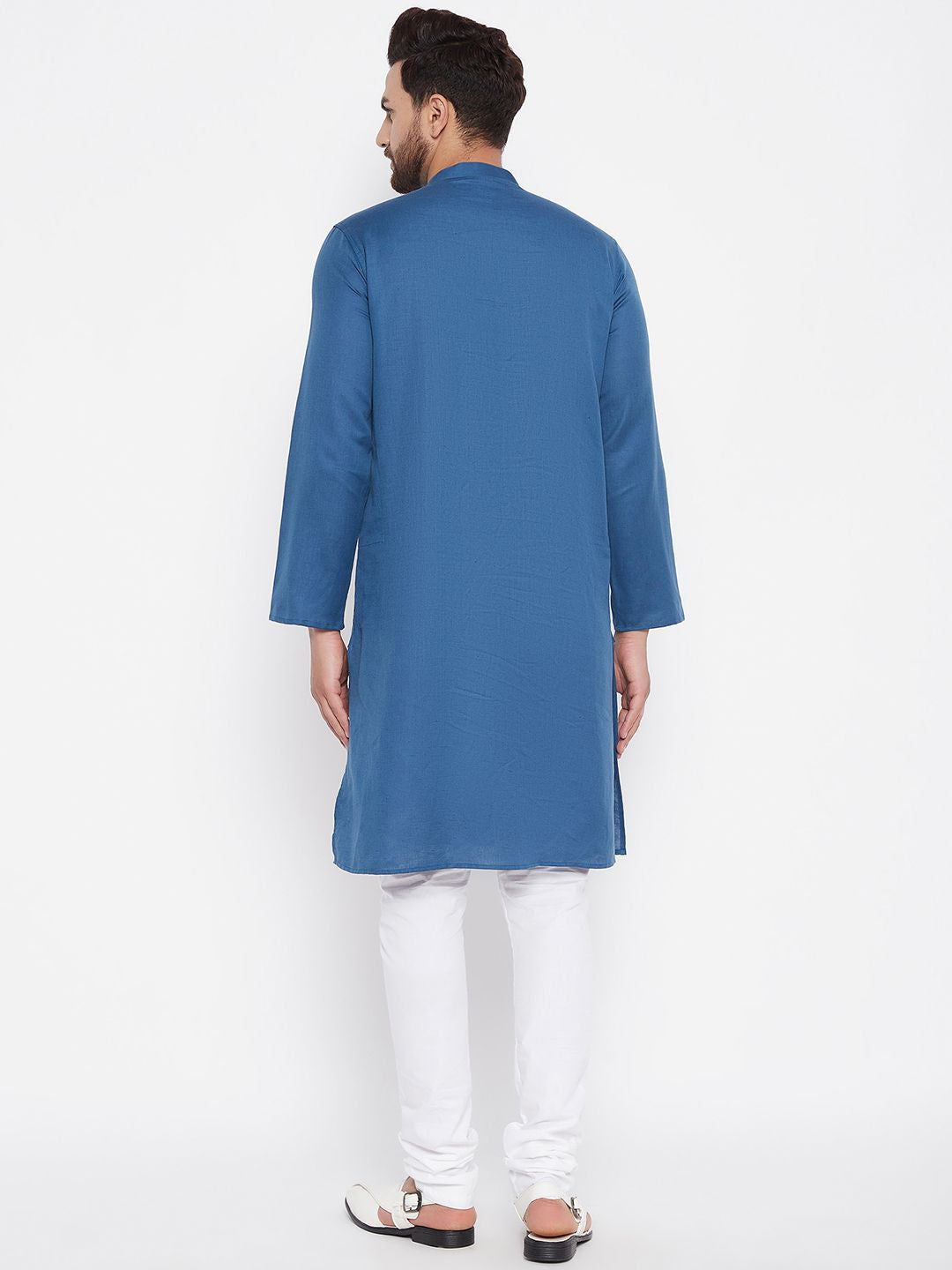 Men's Woven Design Blue Straight Kurta - Even Apparels