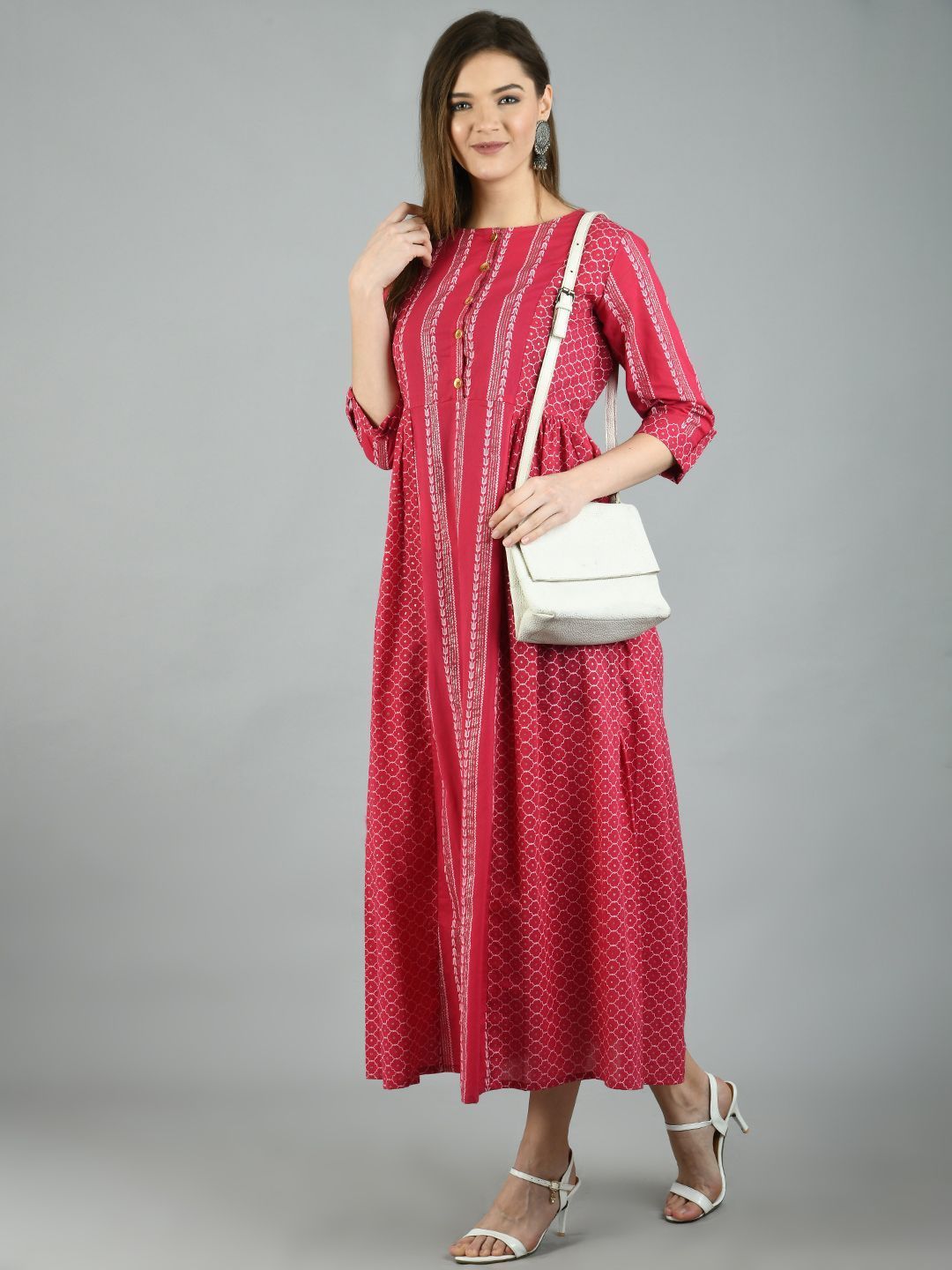 Women's Pink Cotton Printed 3/4 Sleeve Round Neck Casual Dress - Myshka