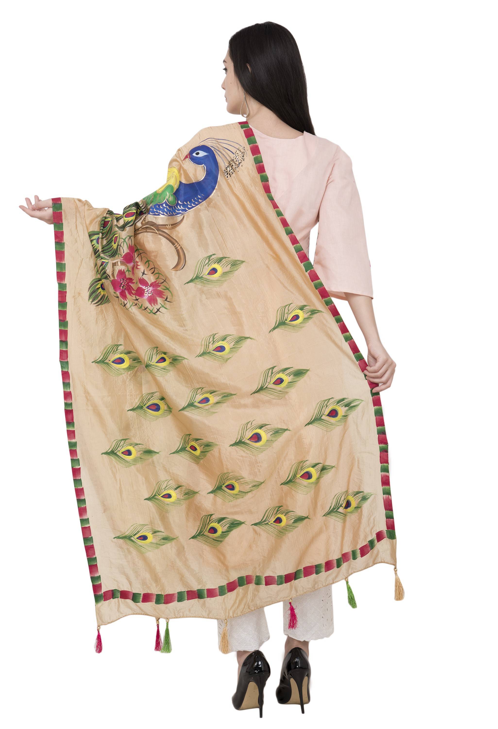 A R Silk Silk Peacock Multi Fancy Dupatta Color Golden Dupatta or Chunni