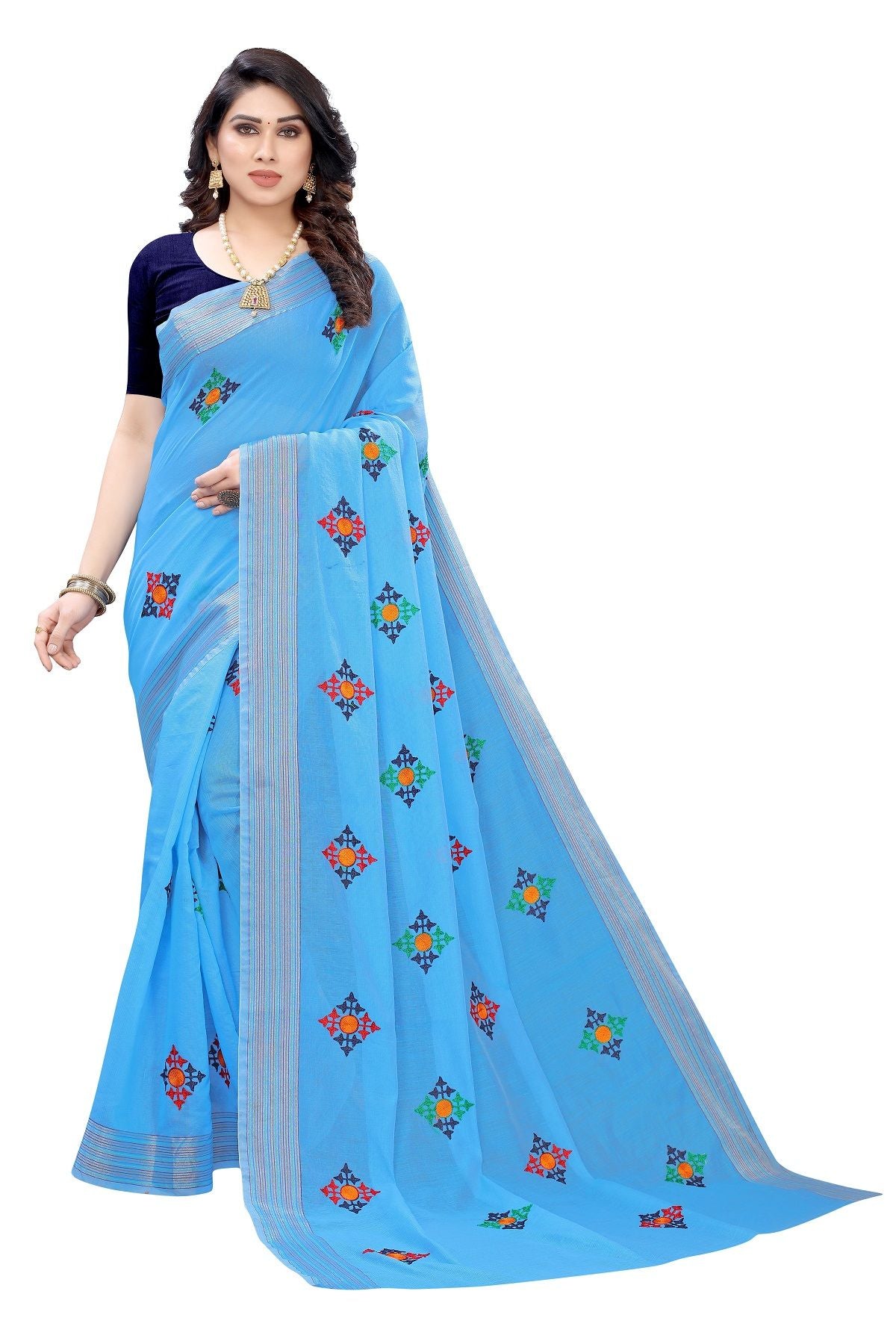Women's Vamika Chanderi Cotton Embroidery Blue Saree-Dixa Blue - Vamika