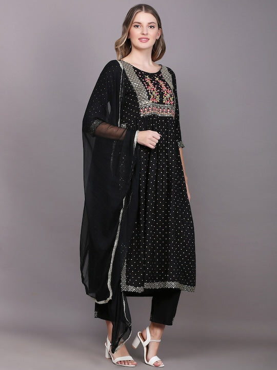 Women's Black Floral Yoke Design Thread Work Kurta With Palazzos & With Dupatta