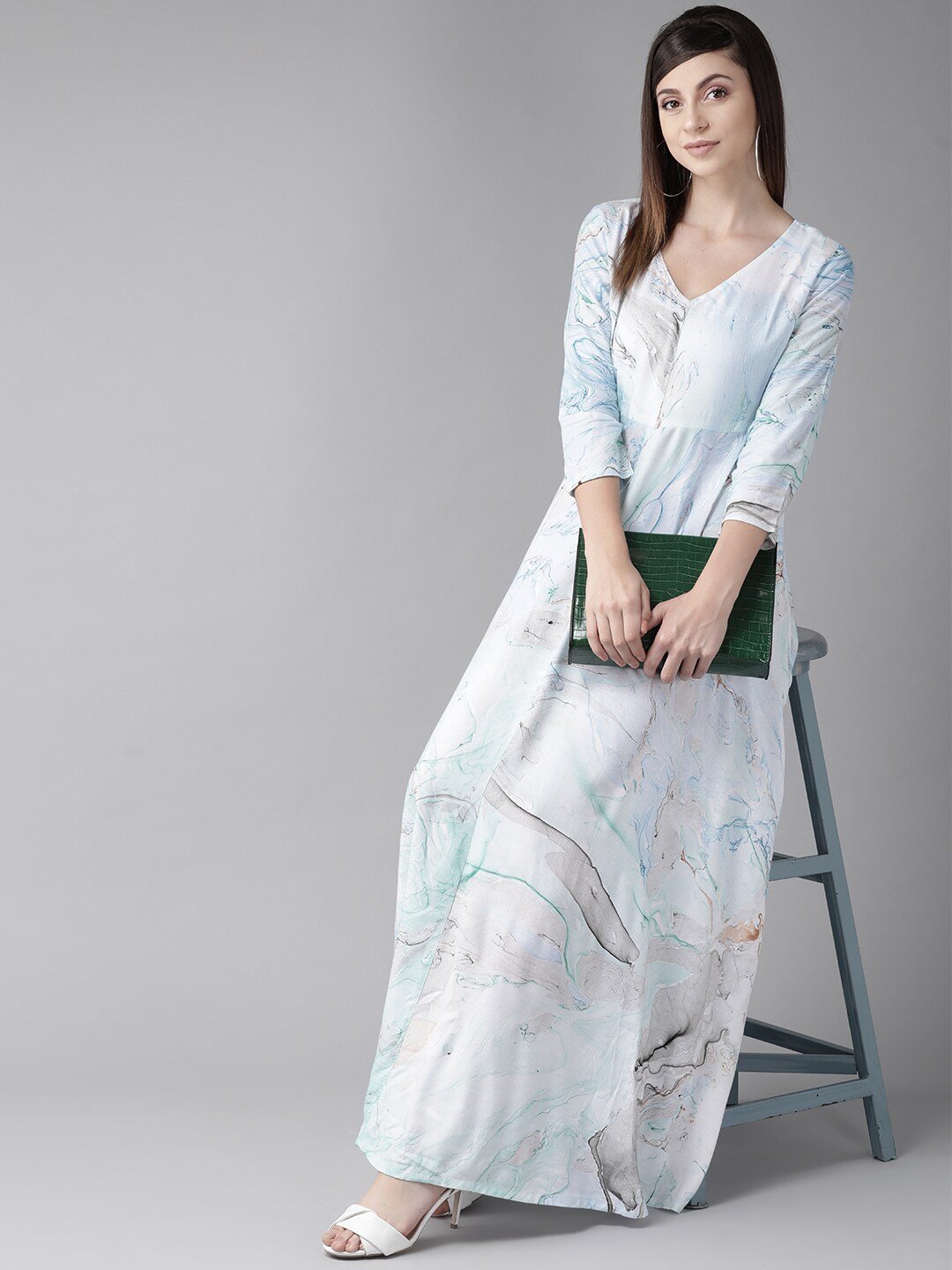 Women's  Sea Green & Blue Printed Maxi Dress - AKS