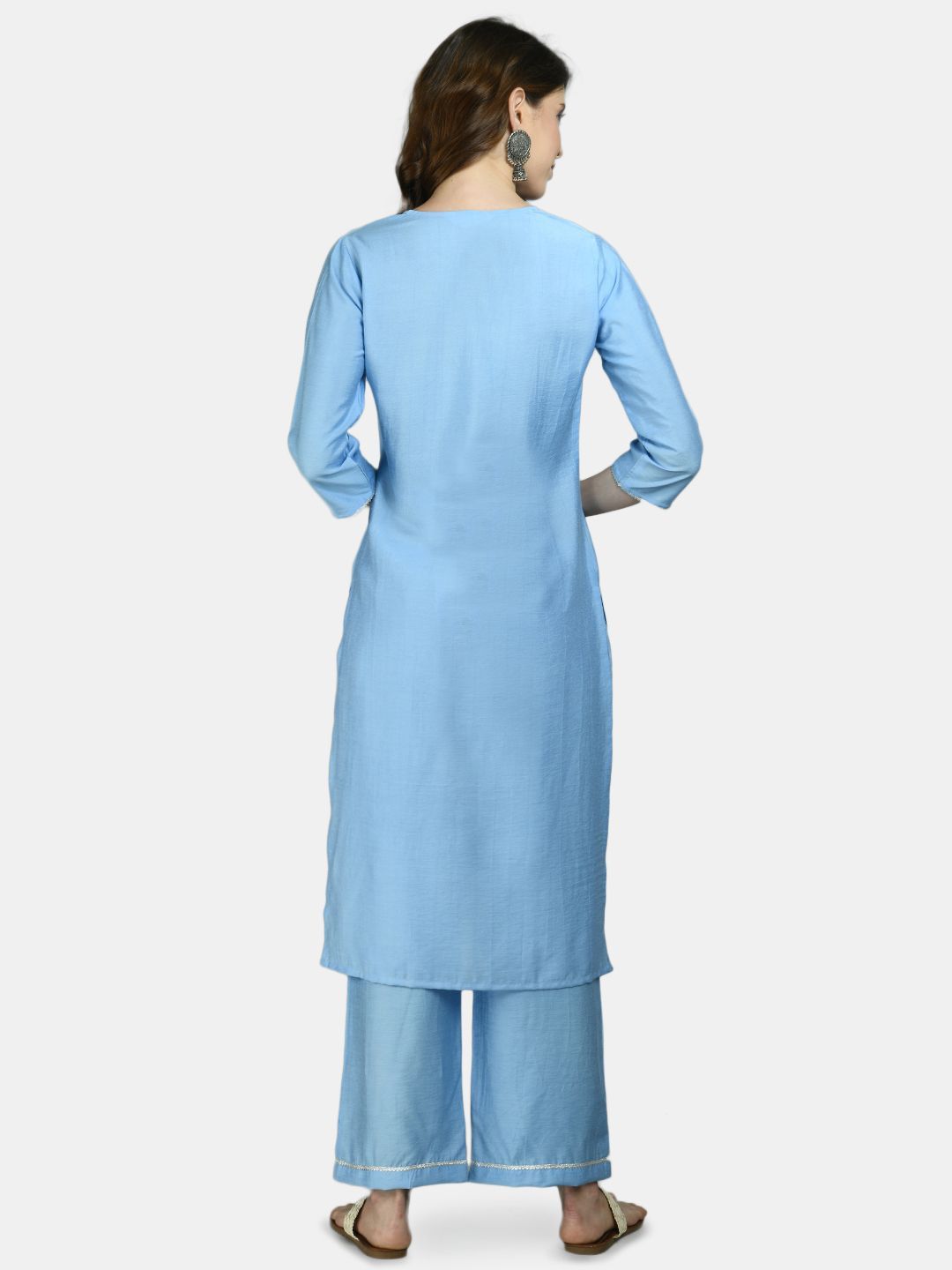 Women's Blue Cotton Solid 3/4 Sleeve Round Neck Casual Kurta Pant Dupatta Set - Myshka