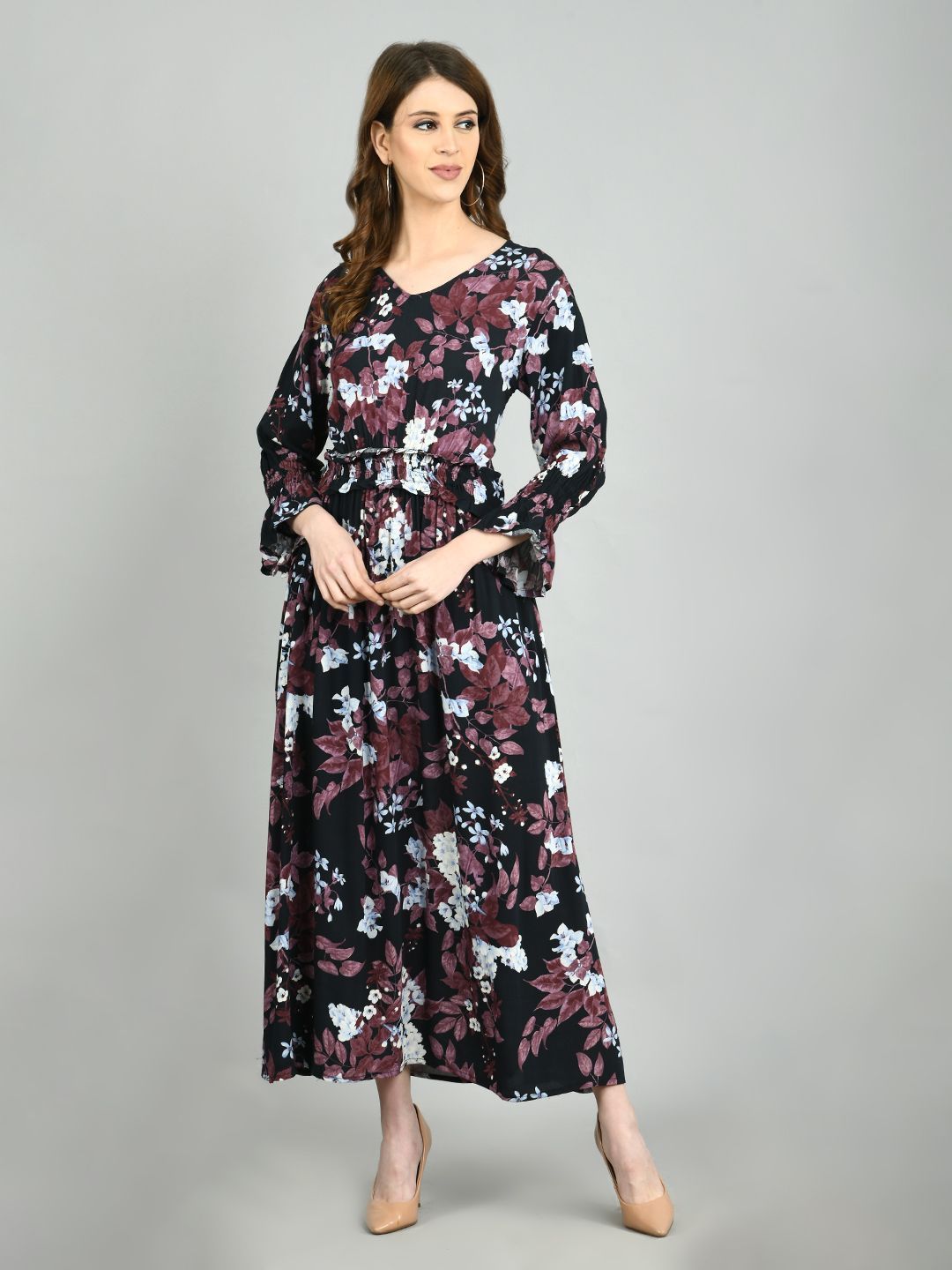 Women's Multi Rayon Printed Full Sleeve V Neck Casual Dress - Myshka
