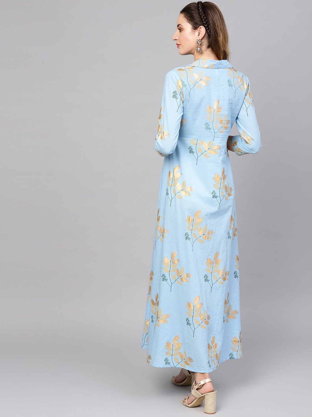 Women's  Blue & Golden Printed Maxi Dress - AKS