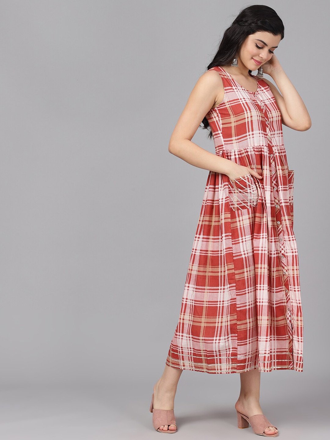 Women's  Rust Red & Off-White Checked A-Line Dress - AKS