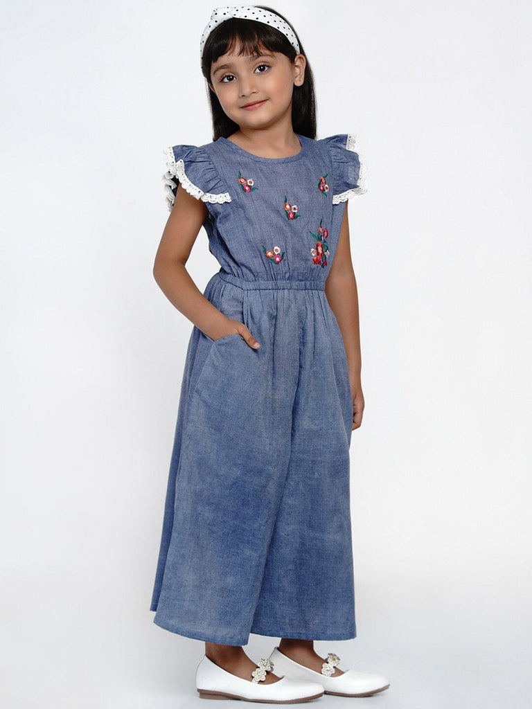 Girl's Blue & White Solid Basic Jumpsuit