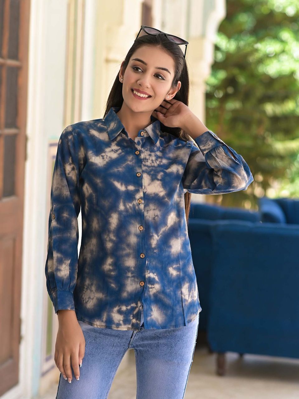 Women's Blue Hand Dyed Cotton Shirt - Hatheli