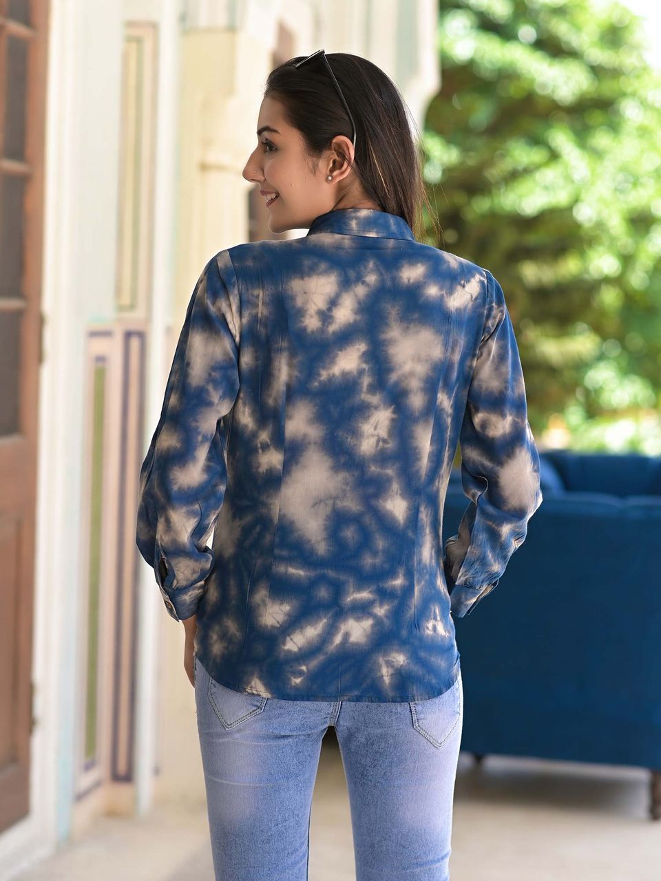 Women's Blue Hand Dyed Cotton Shirt - Hatheli