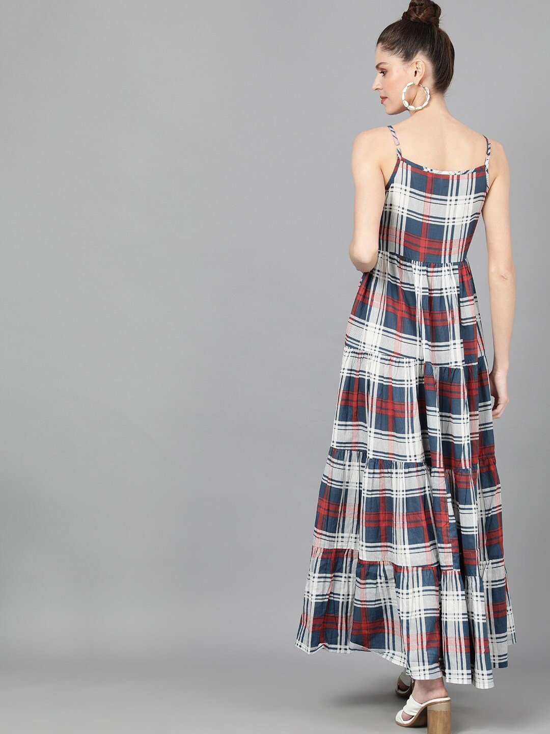 Women's  Blue & Red Checked Maxi Dress - AKS