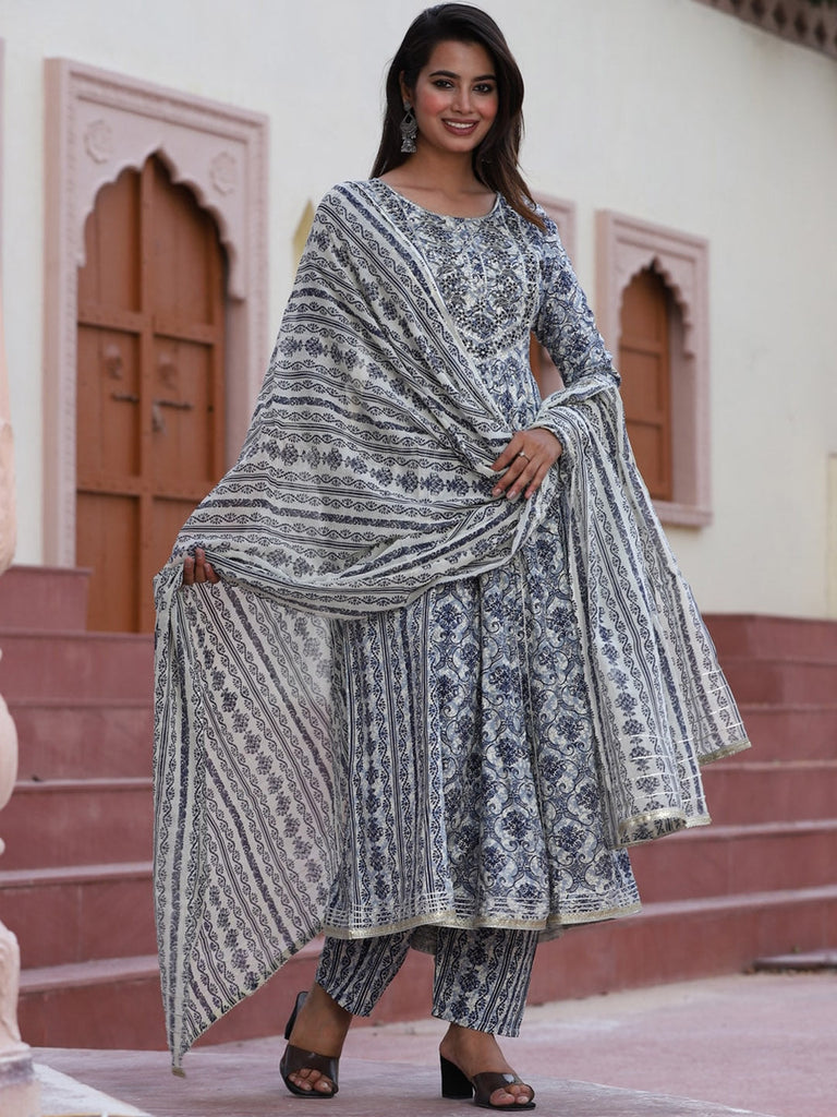 Women's Floral Printed Flared Kurta With Palazzos & Dupatta