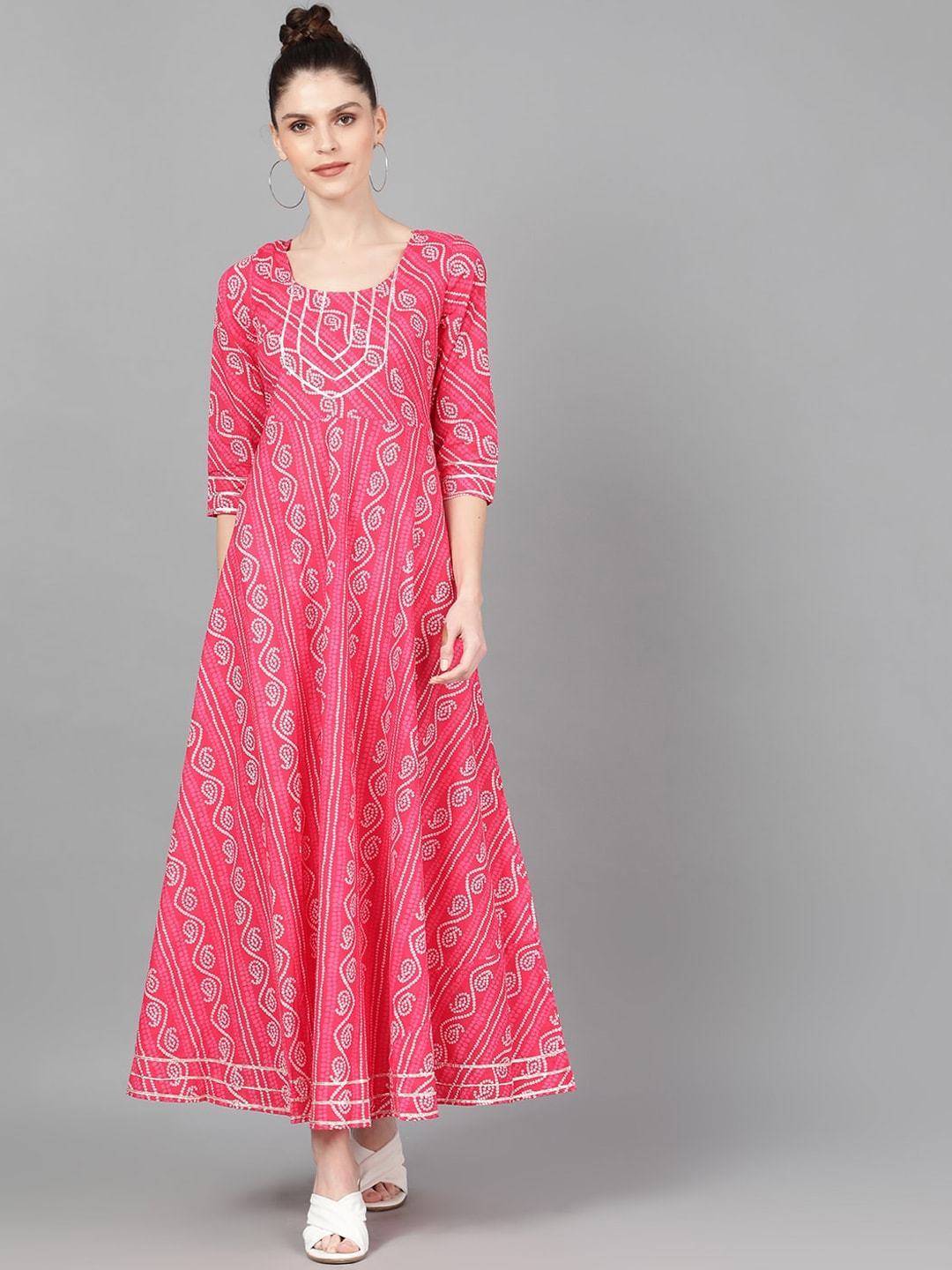 Women's  Pink Bandhani Printed Maxi Dress - AKS