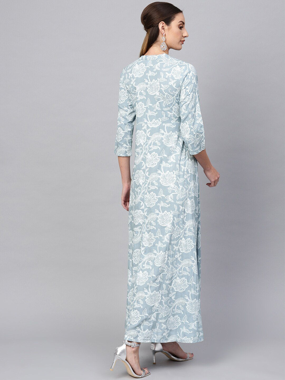 Women's  Blue & White Khari Floral Print Maxi Dress - AKS