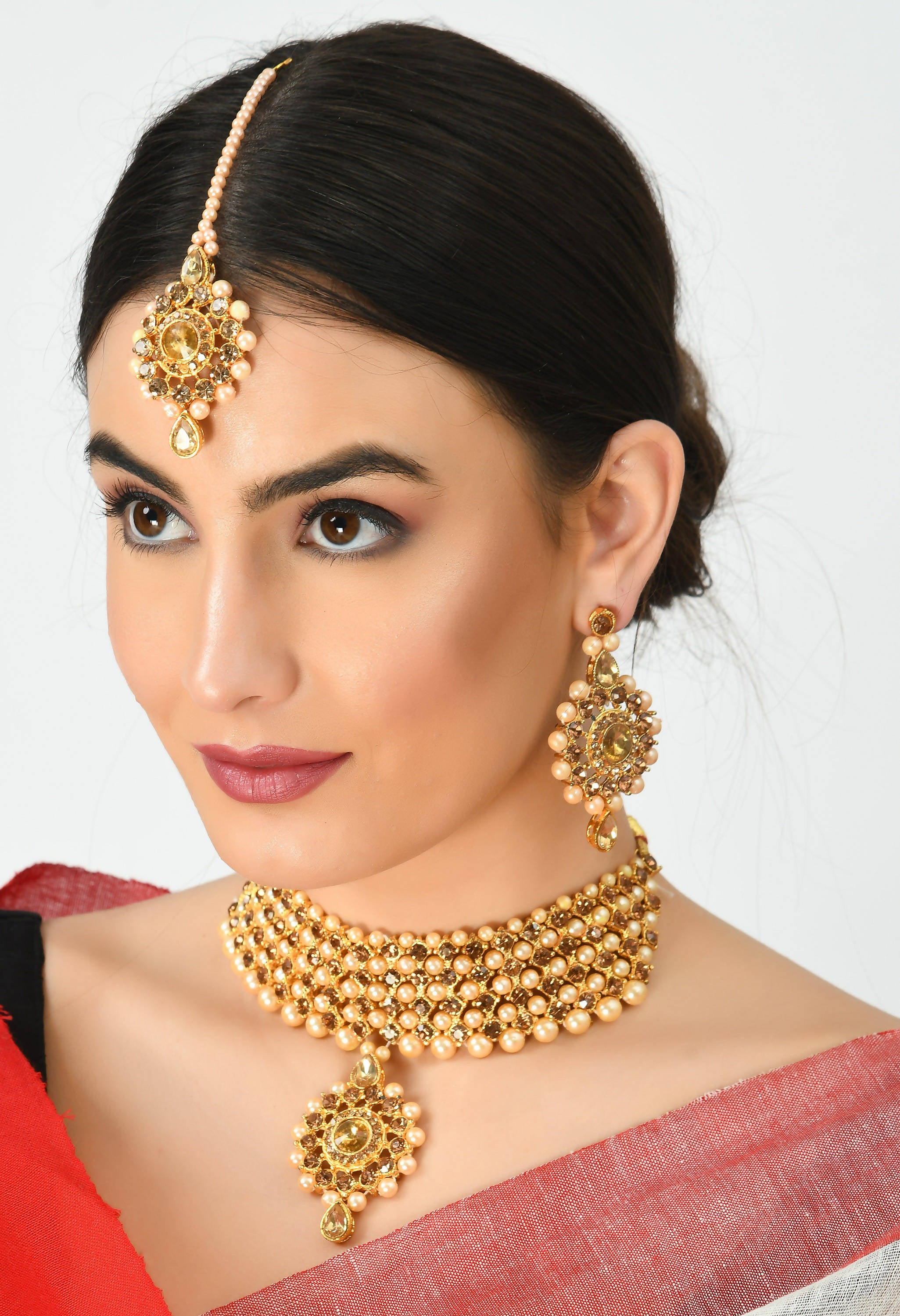 Kamal Johar Gold-Pated Stone & Pearls Necklace with Earrings & Tikka Jkms_076