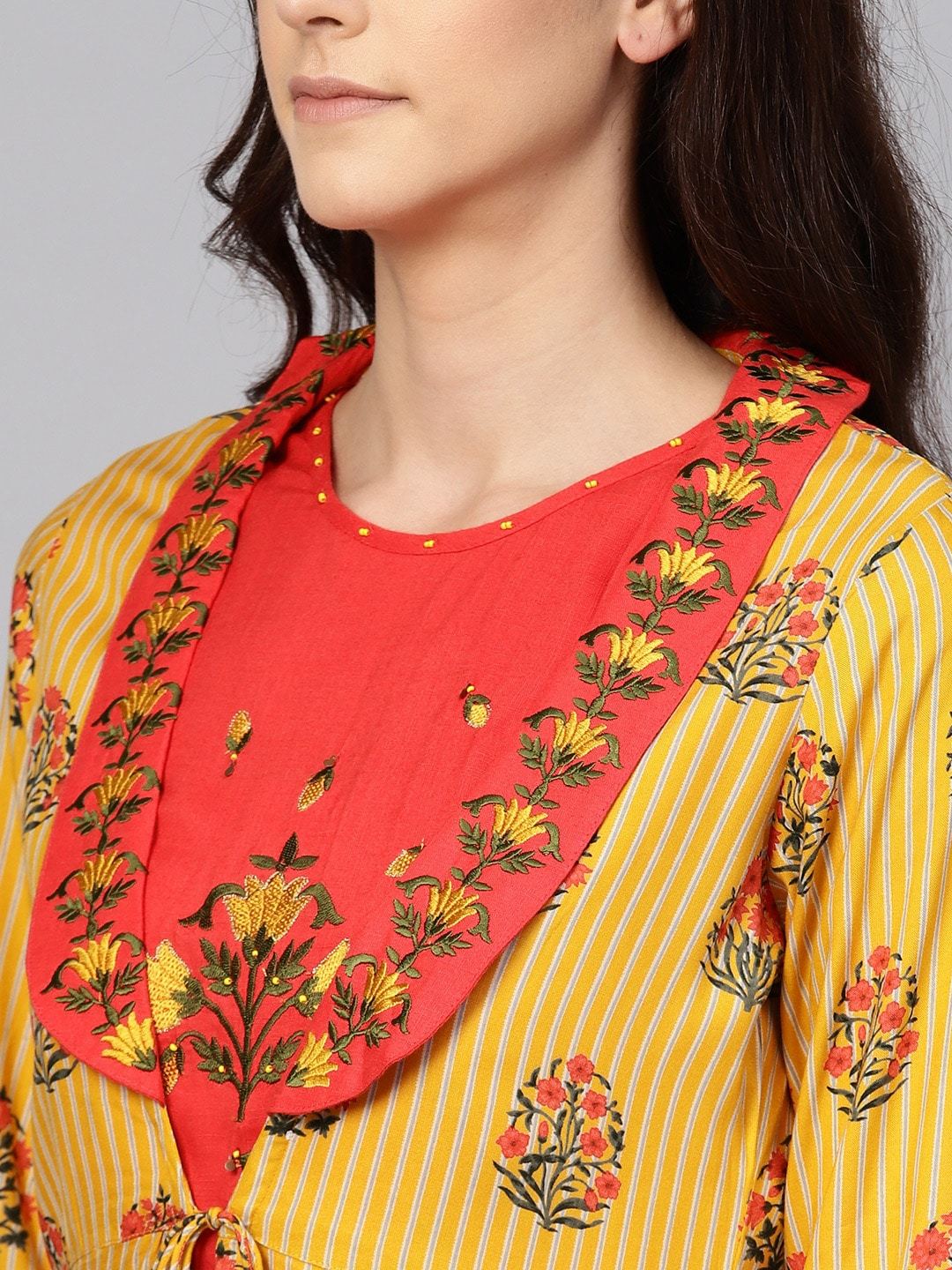 Women's Orange & Mustard Yellow Embroidered Crop Top with Trousers & Ehtnic Jacket - Meeranshi