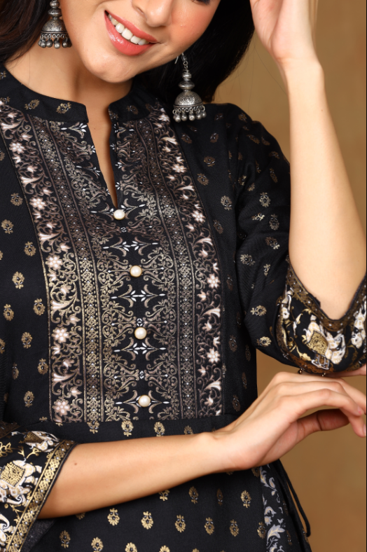 Women's Black Rayon Printed Anarkali Dress - Juniper