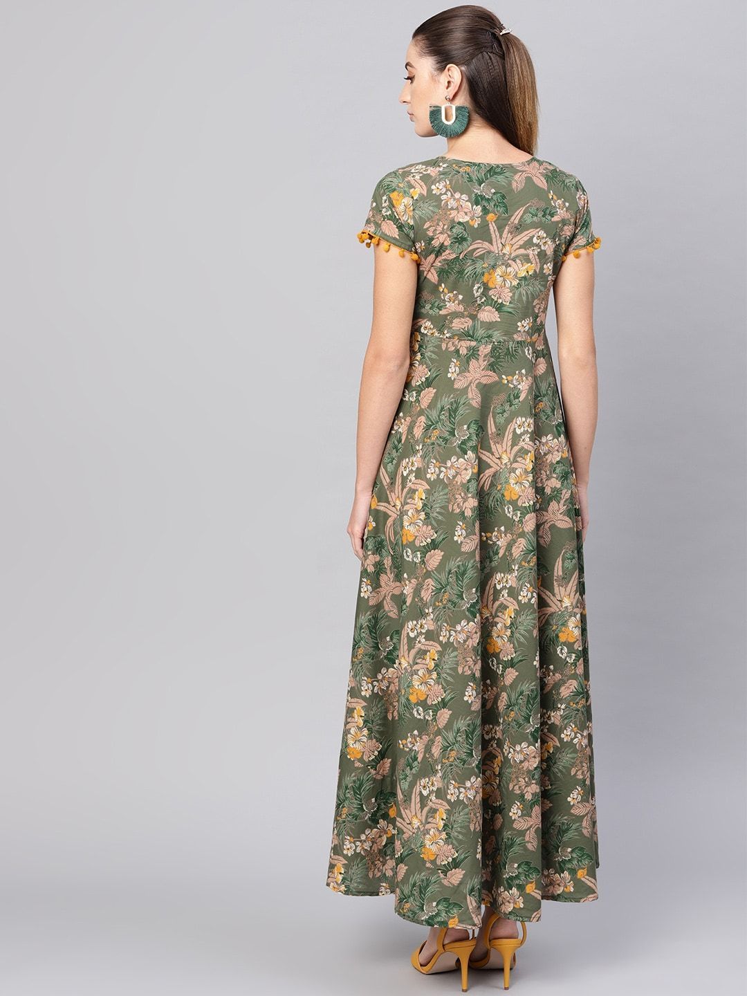Women's  Olive Green & Beige Floral Printed Maxi Dress - AKS
