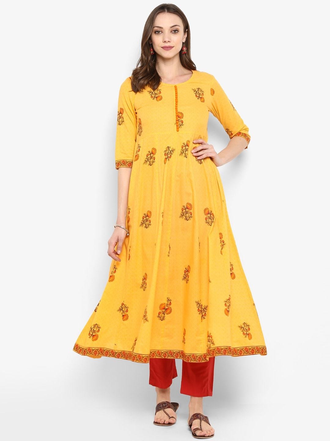 Women's Yellow & Red Printed Anarkali Kurta - Meeranshi