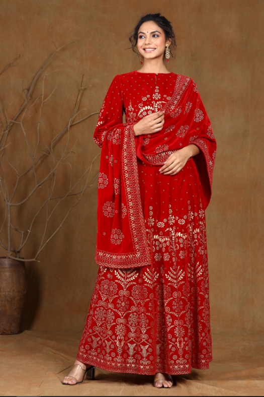 Women's Maroon Velvet Printed Lehenga Choli Dupatta Set - Juniper