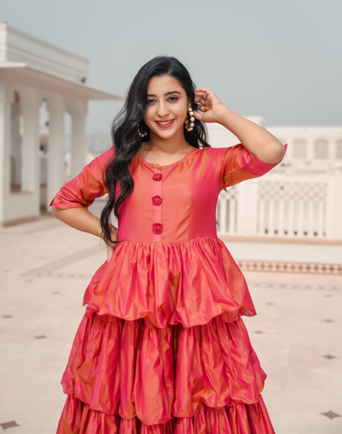 Women's Ruffled Rose Button Dress - Indian Virasat