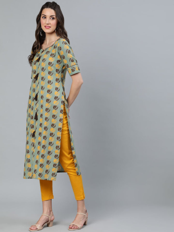 Women's Green & Brown Printed Straight Kurta