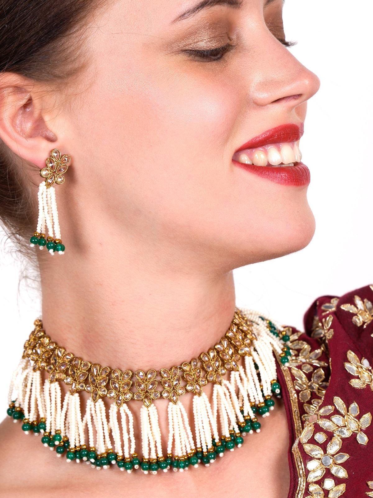 Women's Floral Kundan Pearl Choker With Earrings - Odette