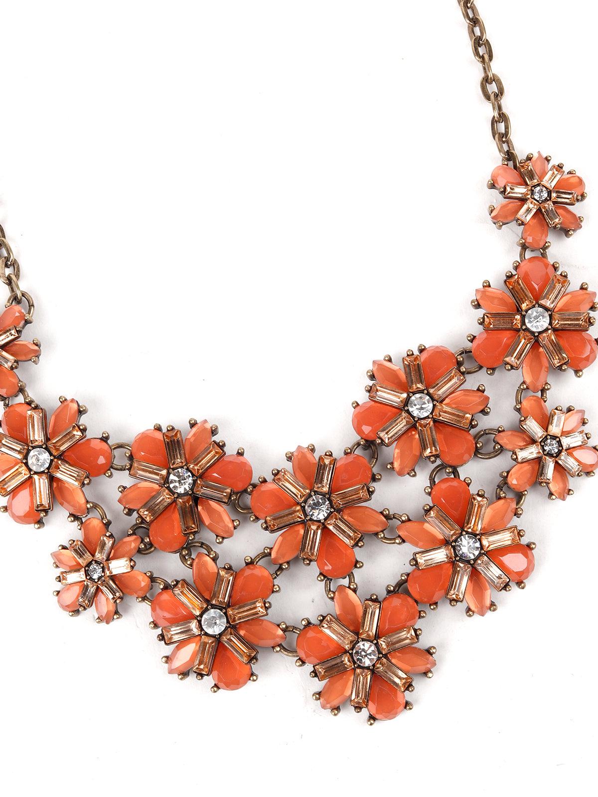 Women's Floral Studded Orange Necklace - Odette