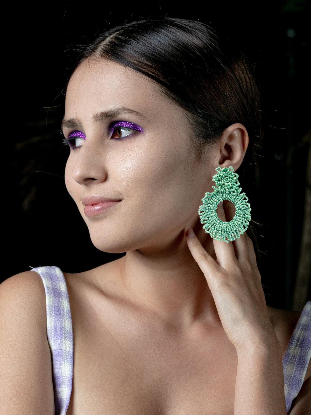 Women's Fully Beaded Green Hoop Earrings - Odette