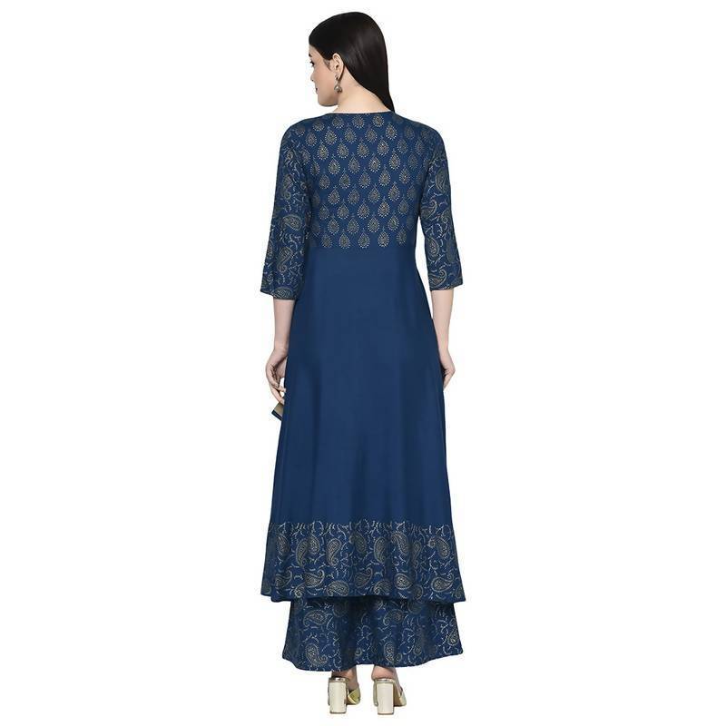 Women's Blue Rayon Foil print Angrakha Anarkali Kurta
