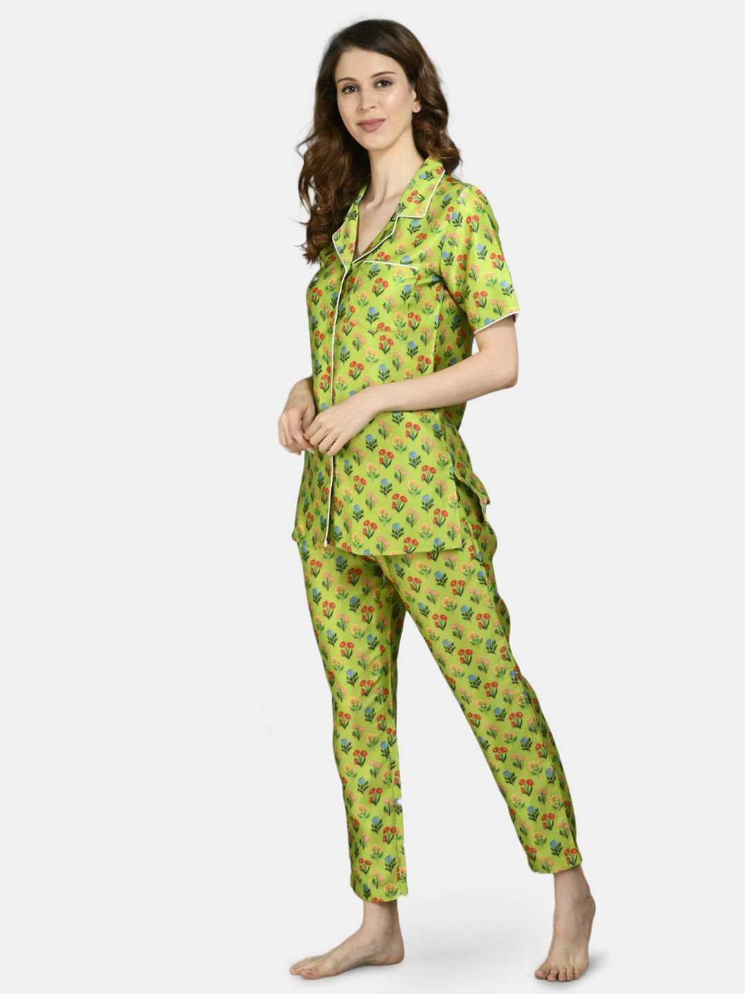 Women Green Printed Night Suit by Myshka (2 Pc Set)