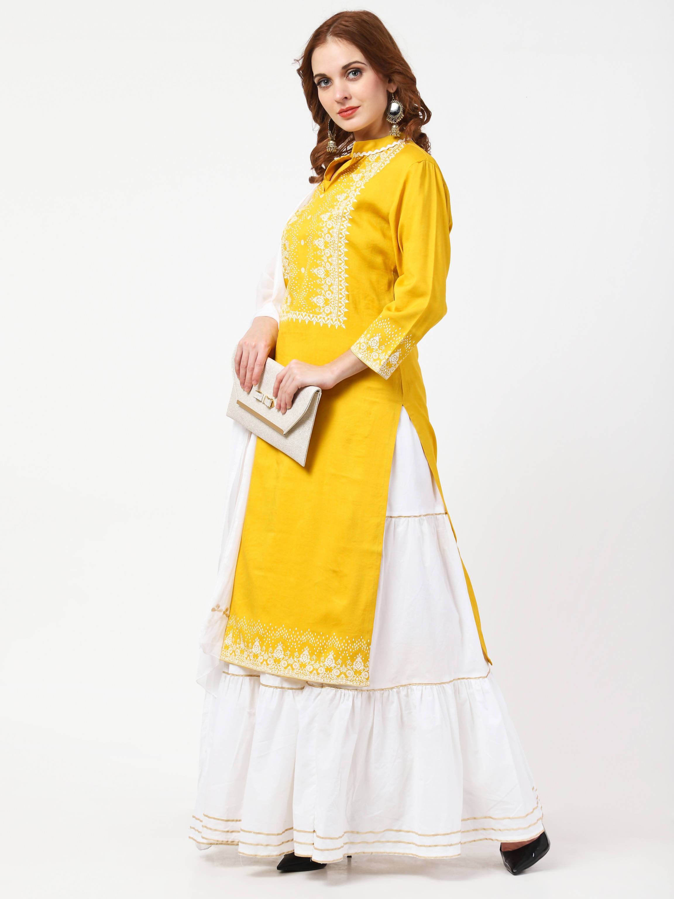 Women's Yellow & White Viscose Rayon Kurta With Skirt & Embroidered Dupatta Set - Cheera