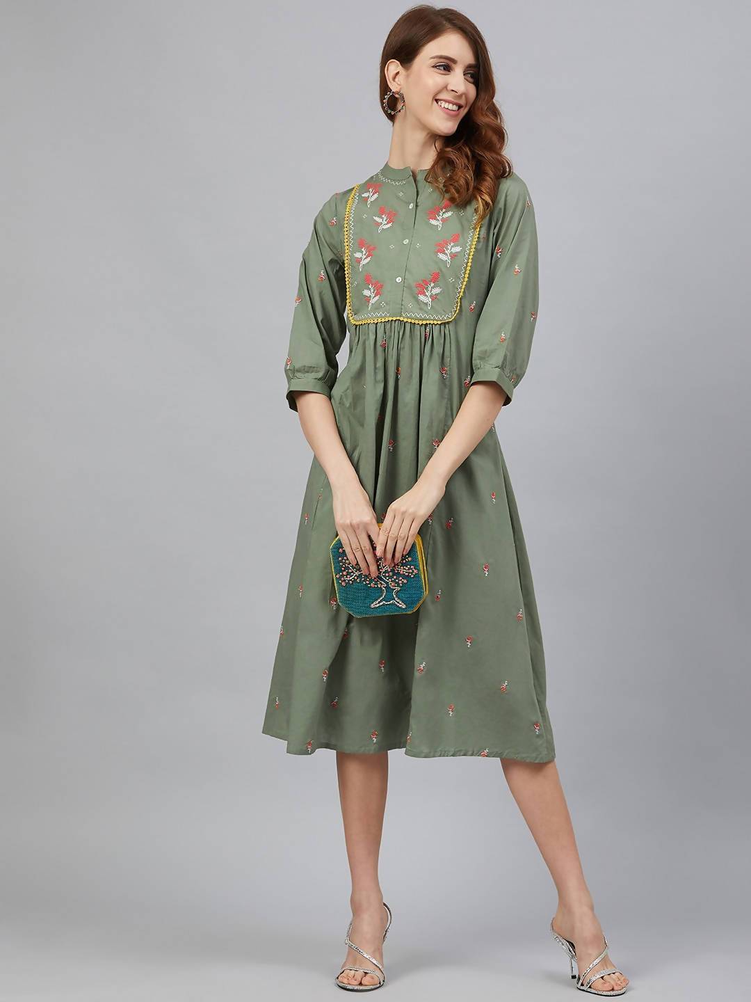 Buy_Women's_Olive_Cotton_Embroidered_Flared_Kurta_Dress_Online_Trendia