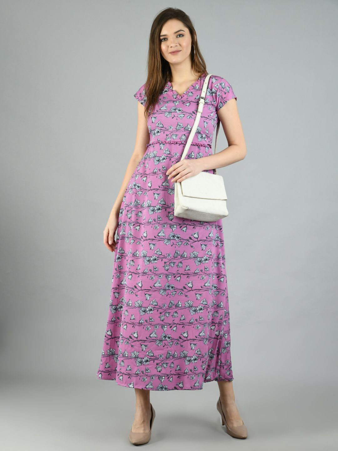 Women's Purple Polyester Printed Short Sleeve V Neck Casual Dress - Myshka