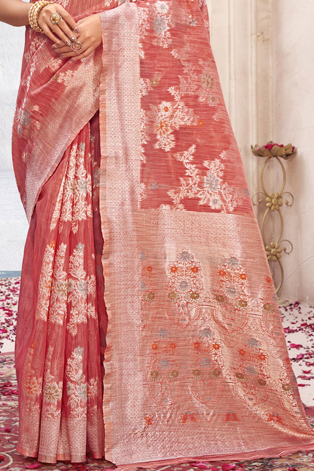 Women's Peach Cotton Silk Woven Zari Work Traditional Saree - Sangam Prints