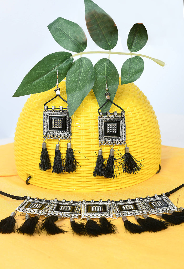 Kamal Johar Choker Necklace Set silver color base with Black yarn d