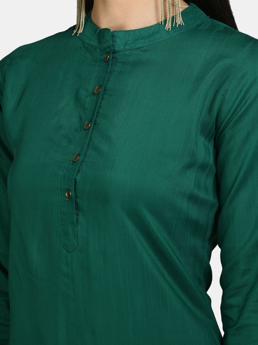 Women's Green Silk Solid 3/4 Sleeve Round Neck Casual Kurta Pant Dupatta Set - Myshka