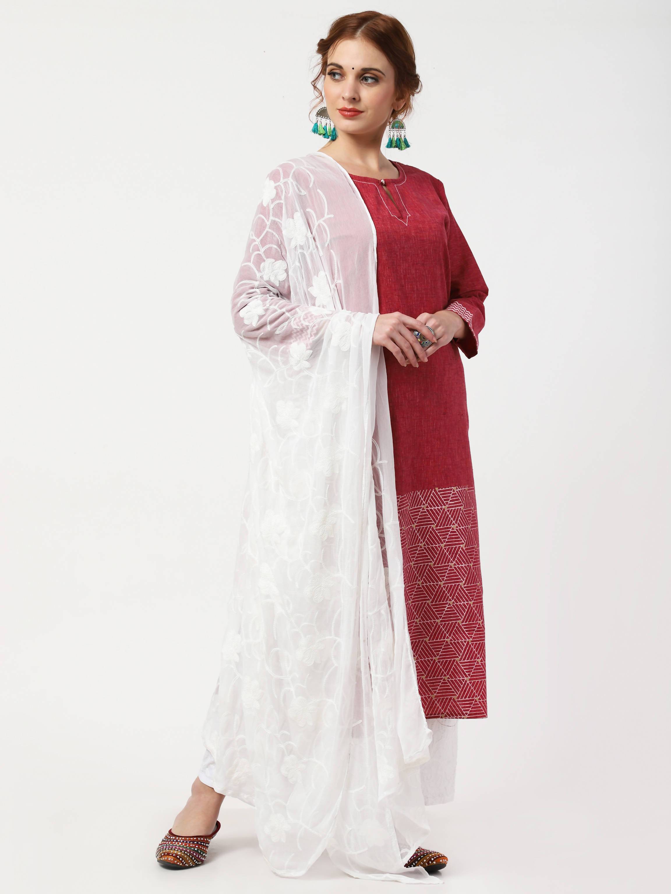 Women's Maroon & White Khadi Cotton Kurta With Chikankari Palazzo & Embroidered Dupatta Set - Cheera