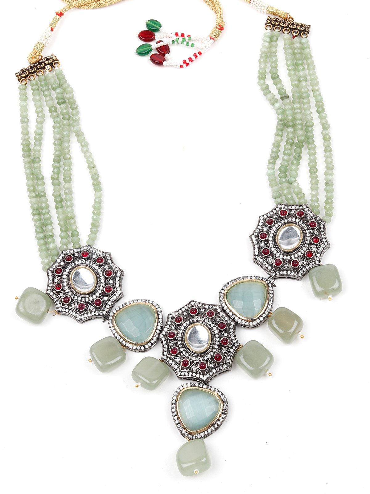 Women's Geometric Mint Green Stone Floral Statement Necklace Set. - Odette