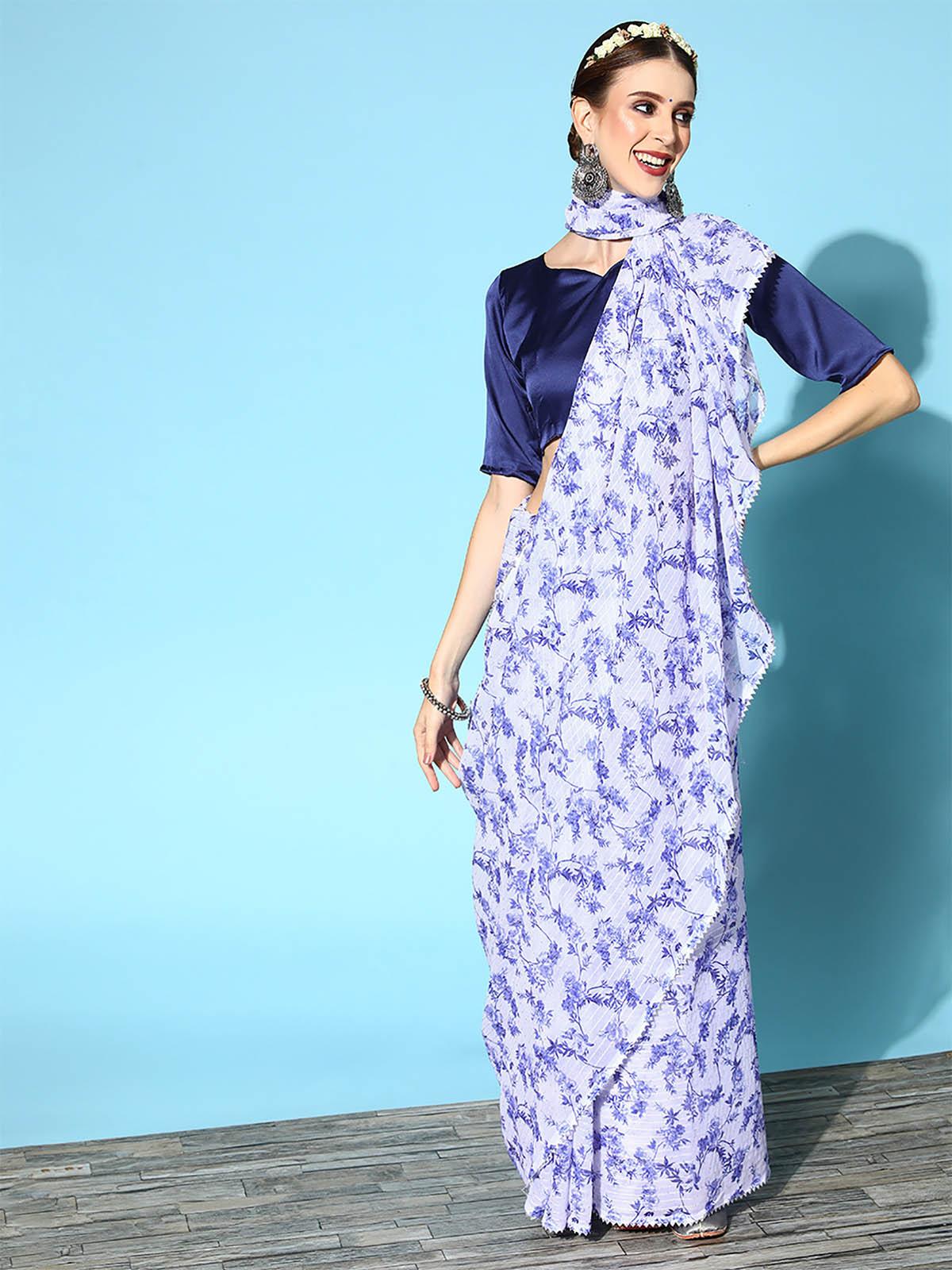 Women's Georgette Blue Embellished Designer Saree With Blouse Piece - Odette
